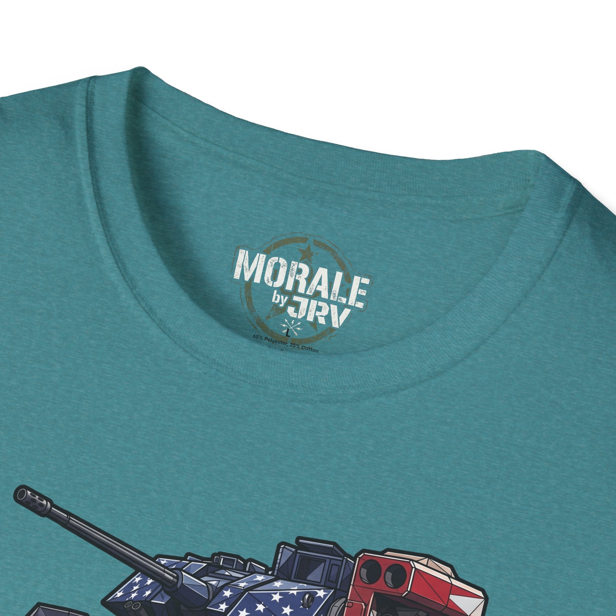 Teal T-shirt back with 'MORALE by TRV' logo and tank artwork
