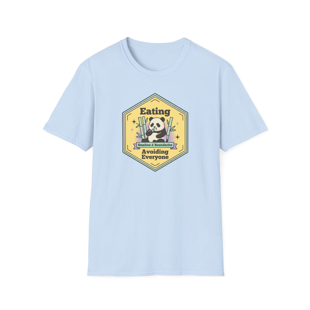 Unisex softstyle T-shirt, light blue front with skull cartoon graphic