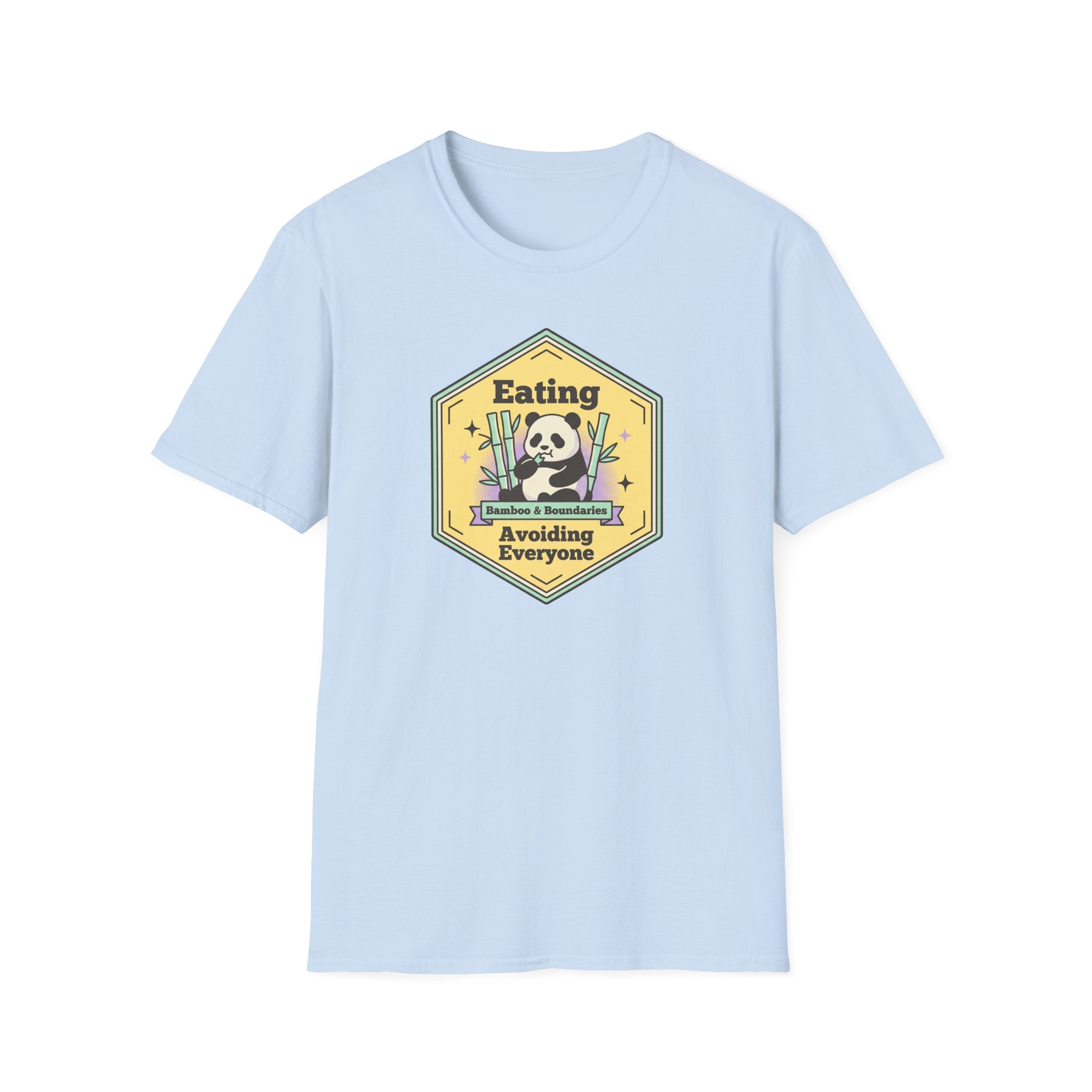 Unisex softstyle T-shirt, light blue front with skull cartoon graphic