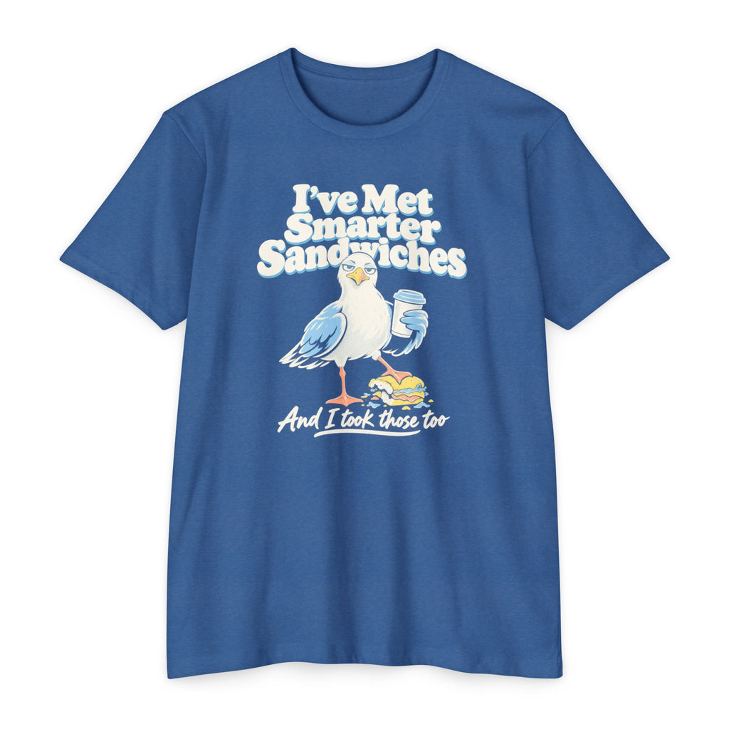 Blue crewneck T-shirt with seagull graphic and text “I’ve Met Smarter Sandwiches”