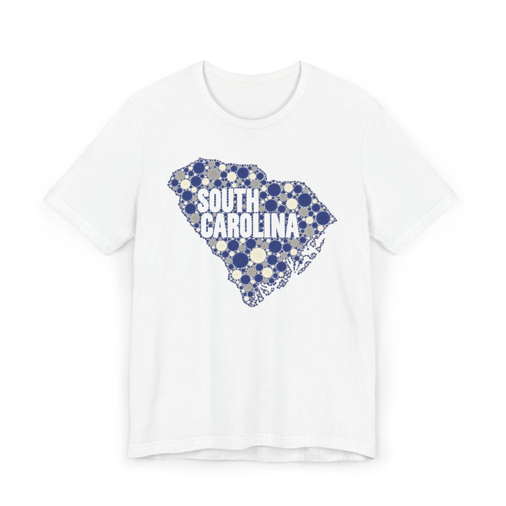 White South Carolina floral map graphic T-shirt with blue dotted outline and text