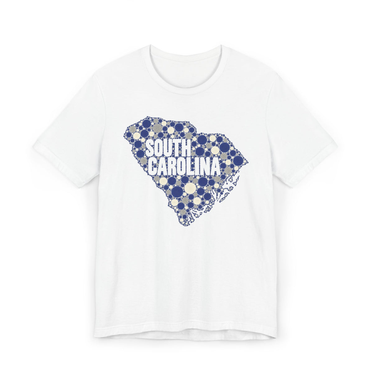White South Carolina floral map graphic T-shirt with blue dotted outline and text