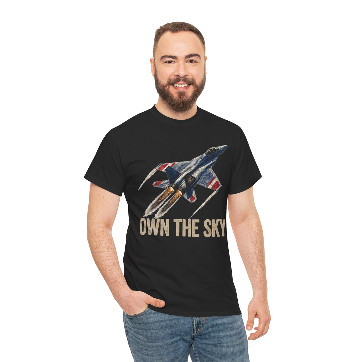 Black t-shirt with fighter jet graphic and "Own the Sky" text