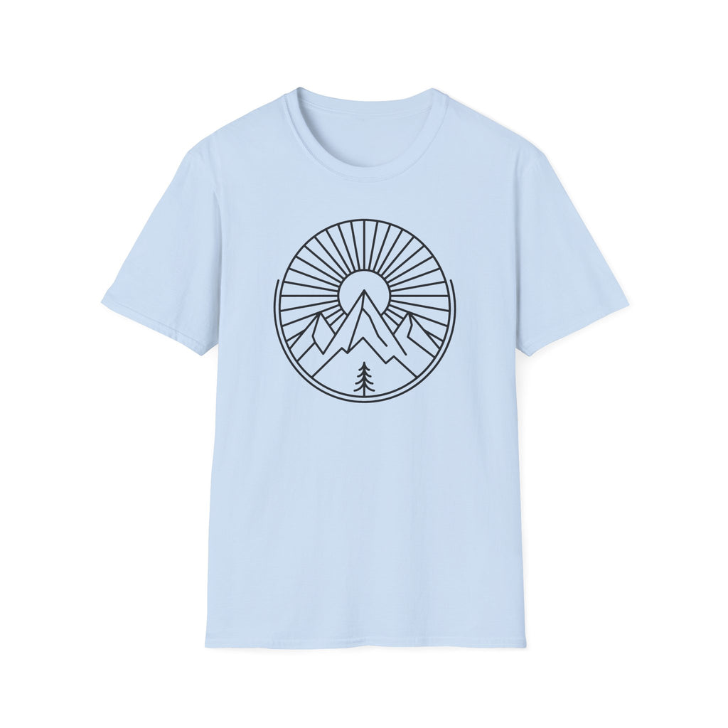 Light blue unisex t-shirt with white circular mountain-and-tree sunburst graphic