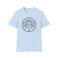 Light blue unisex t-shirt with white circular mountain-and-tree sunburst graphic