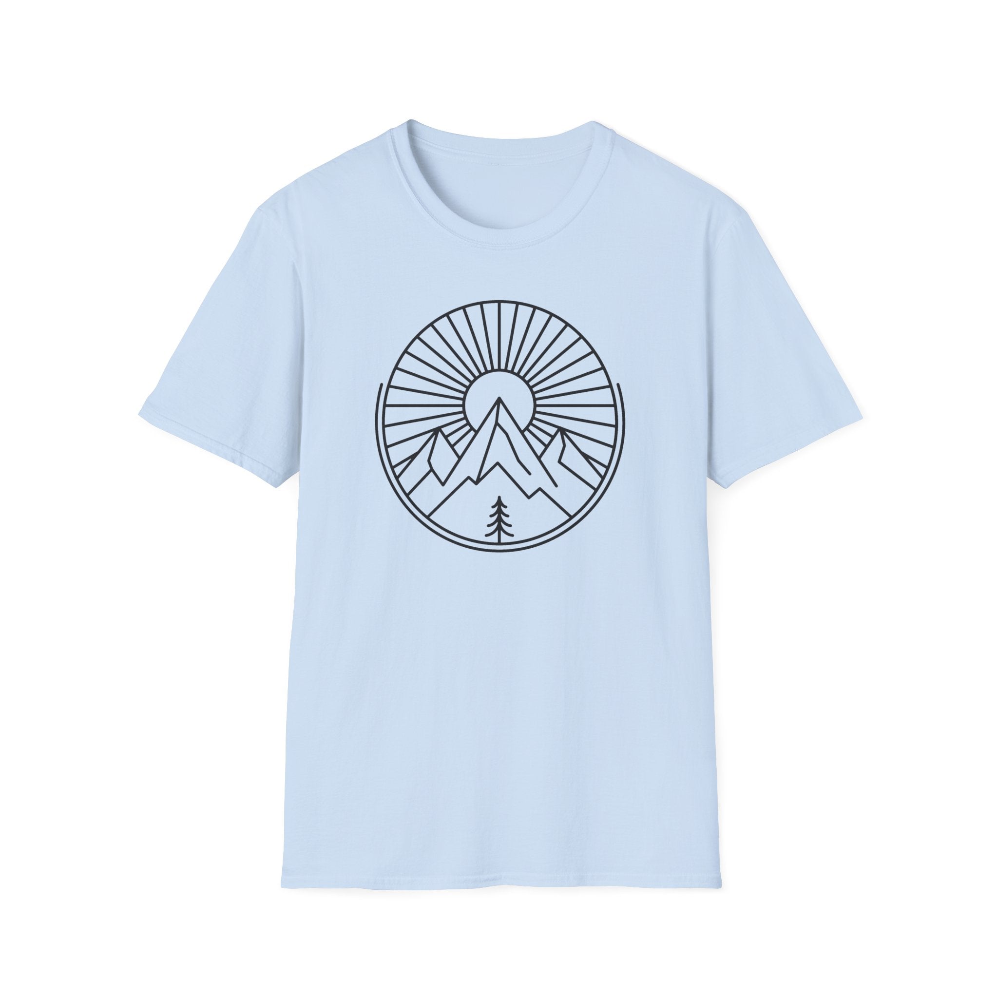 Light blue unisex t-shirt with white circular mountain-and-tree sunburst graphic