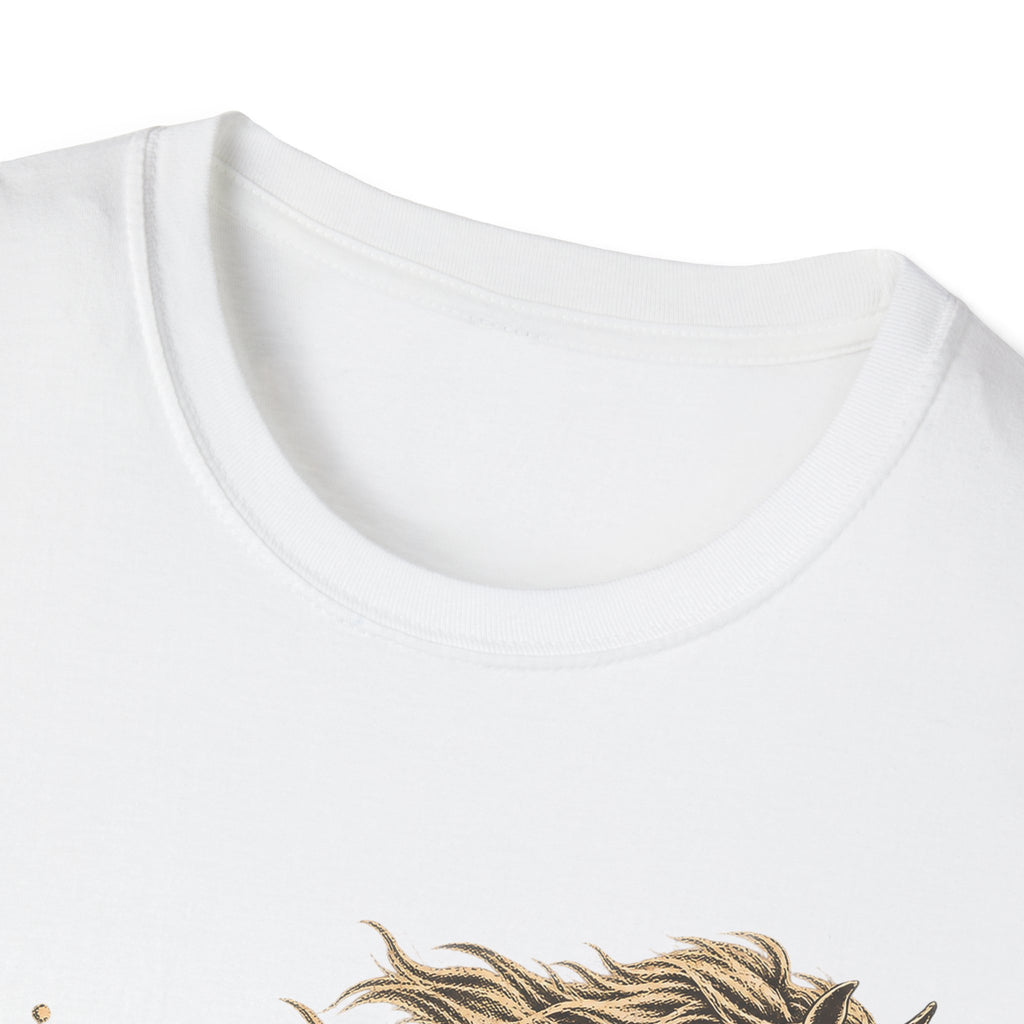 White T-shirt close-up of crew neckline with small gold horse graphic detail.