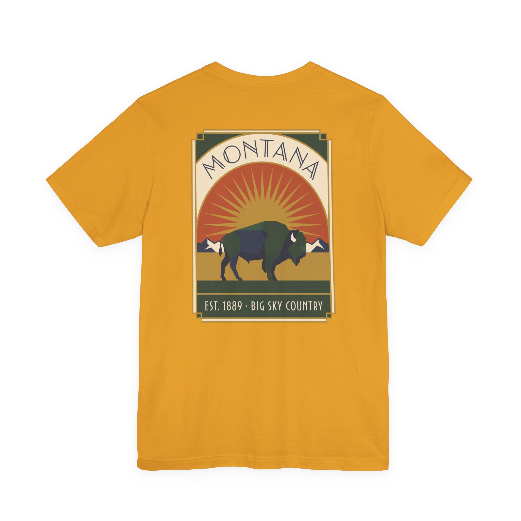 Gold T-shirt with Montana square logo, bison and sunrise graphic
