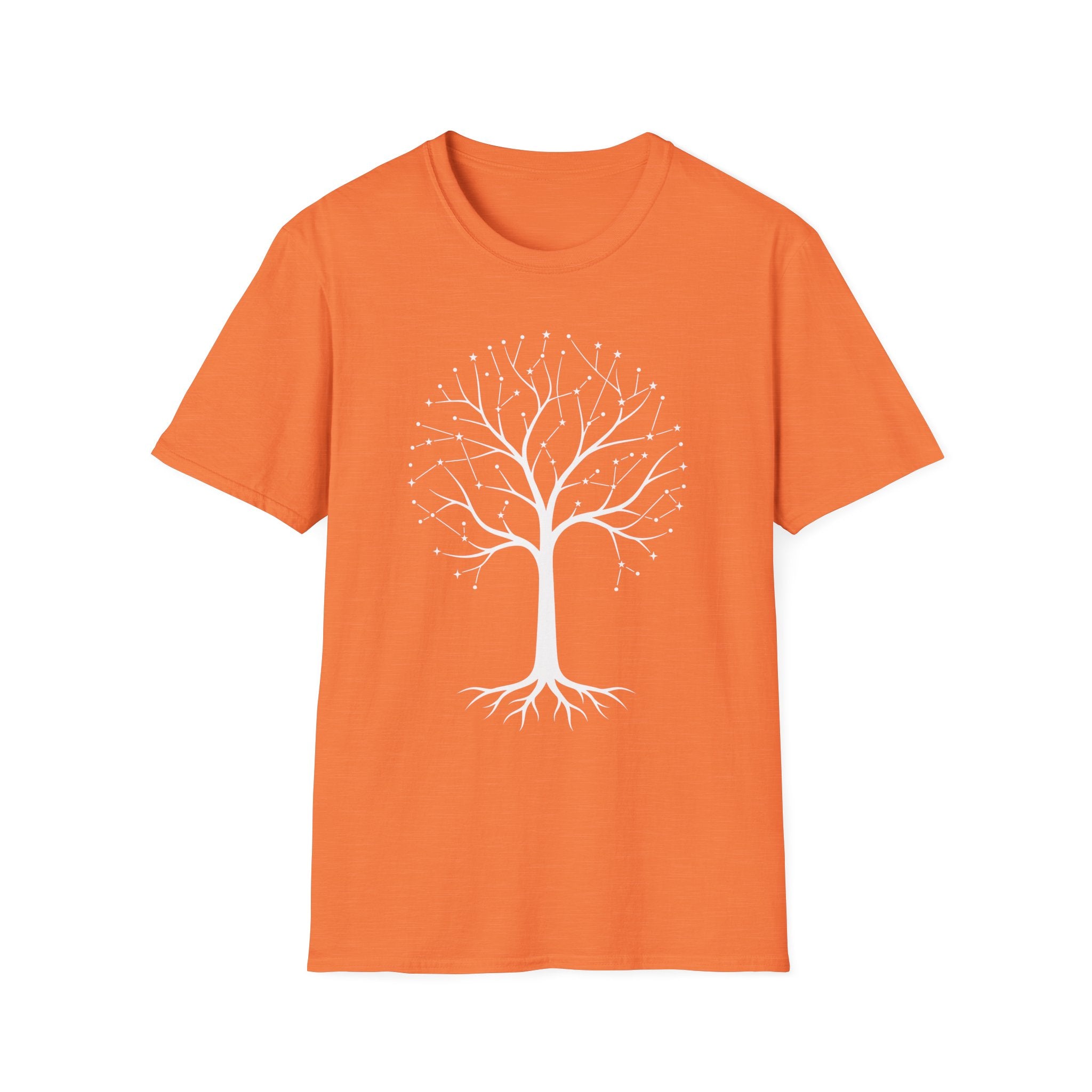 Camiseta naranja con árbol de la vida en constelación y raíces botánicas blancas