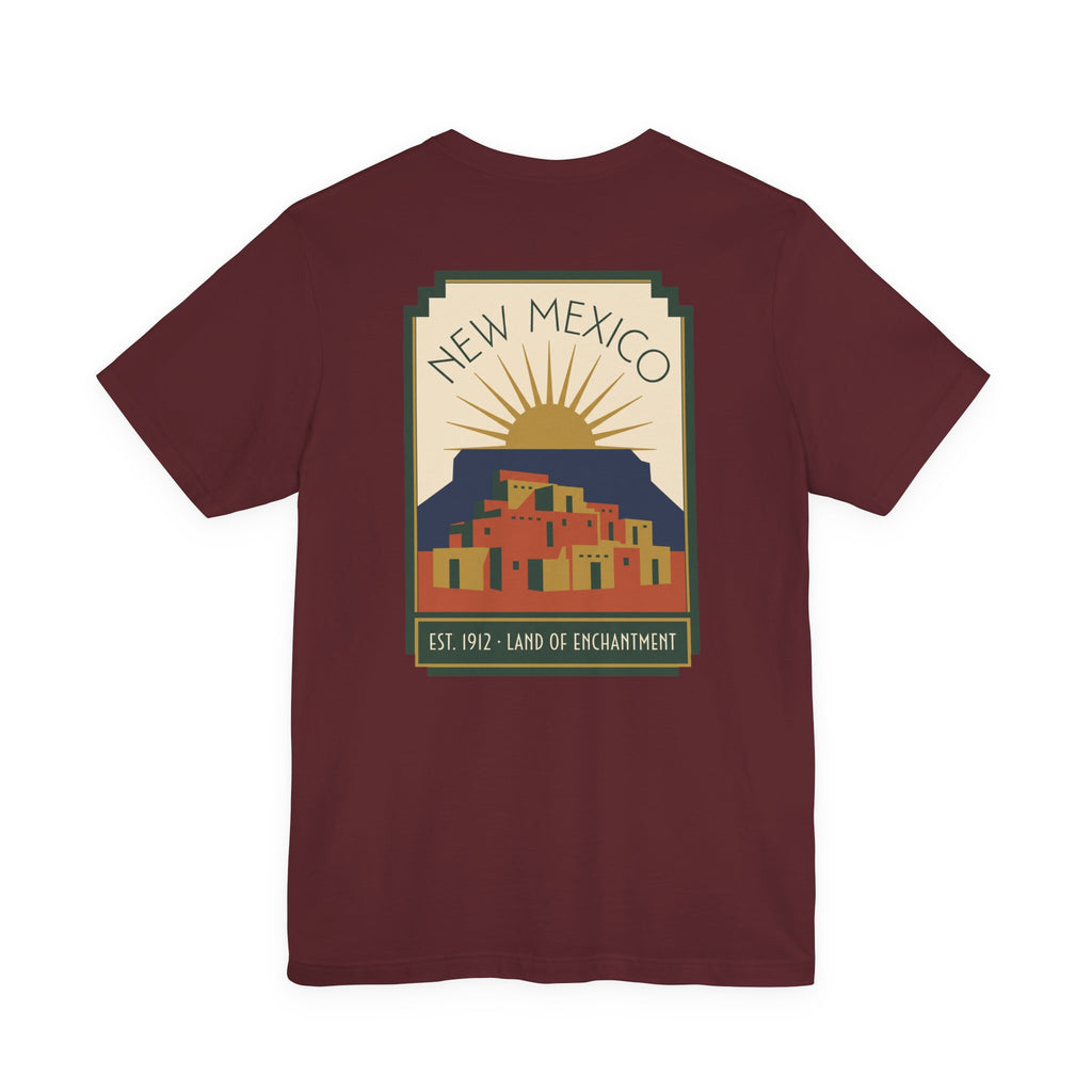 Maroon T-shirt with square New Mexico desert sunset graphic on the chest