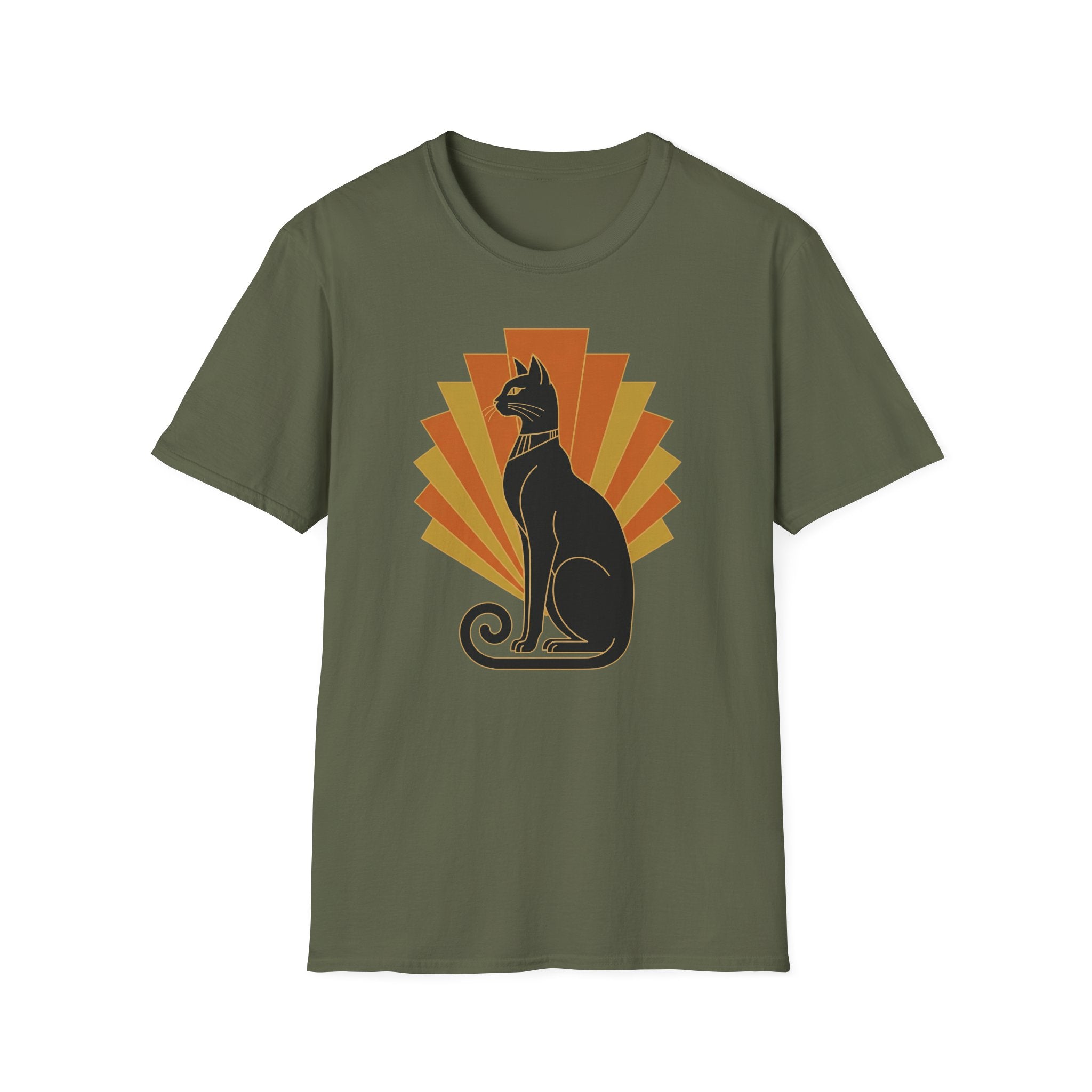 Olive green T-shirt with crew neck and short sleeves, black cat graphic in orange sunburst
