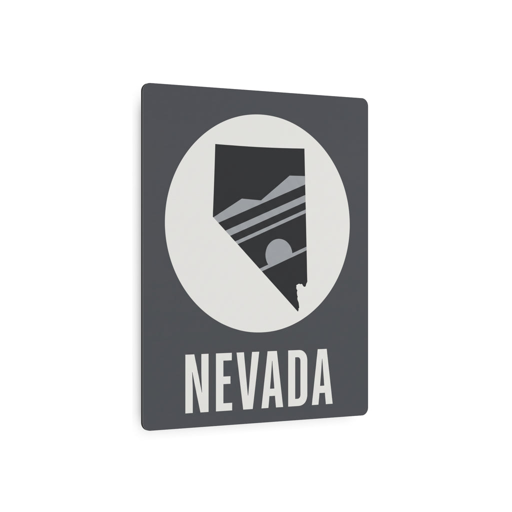 Nevada state silhouette metal art sign, dark square with circular emblem and “NEVADA”