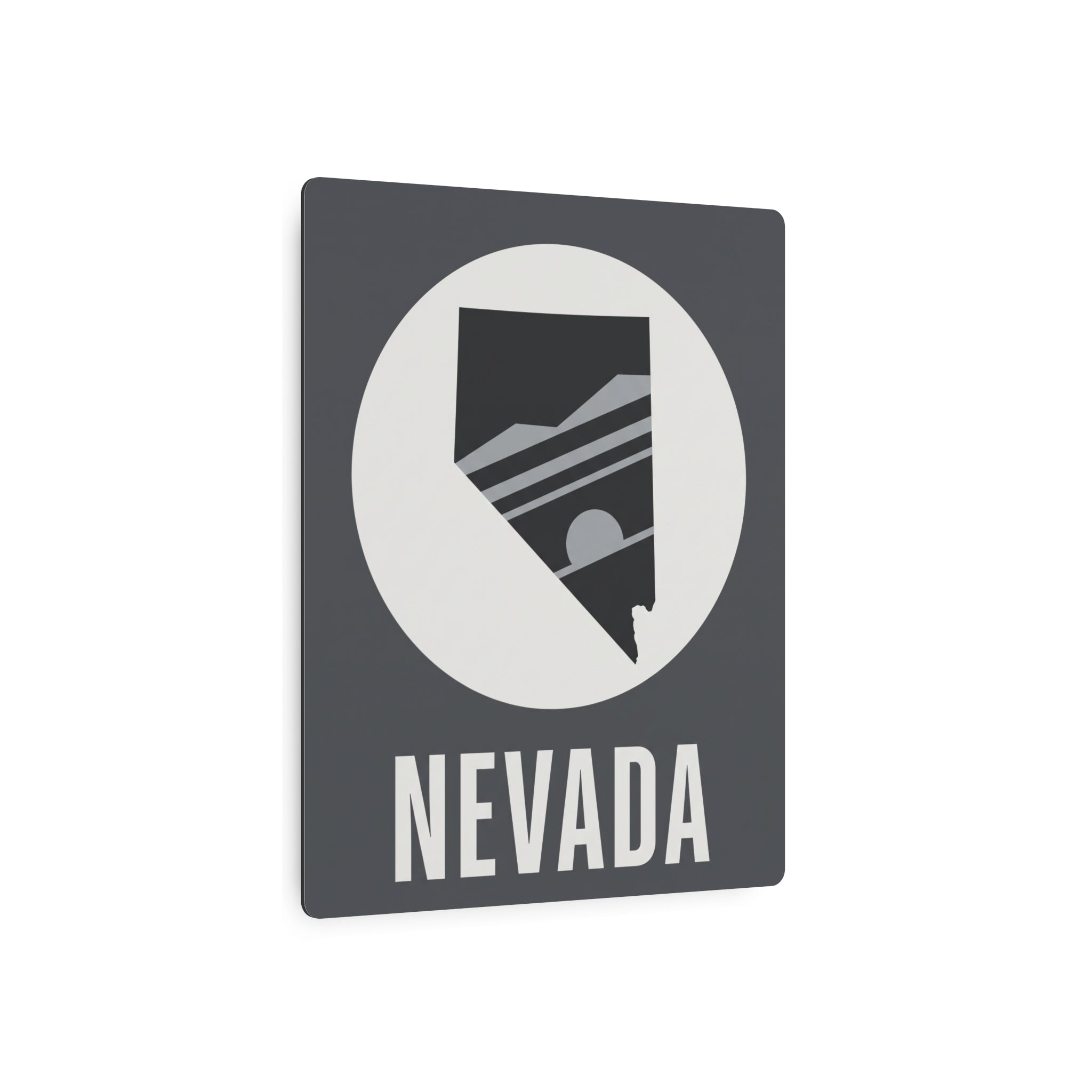 Nevada state silhouette metal art sign, dark square with circular emblem and “NEVADA”