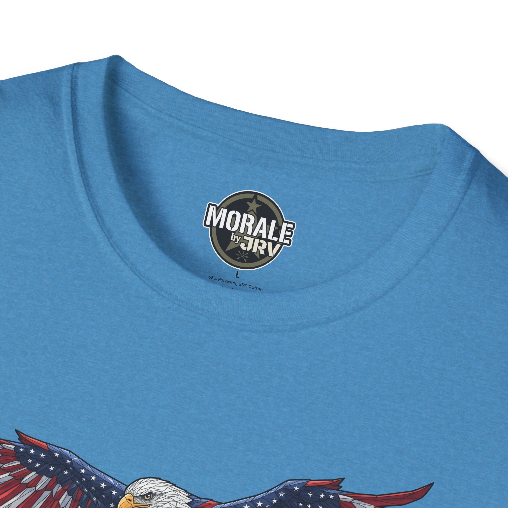 Blue T-shirt close-up: neck label and partial bald eagle/flag wings print