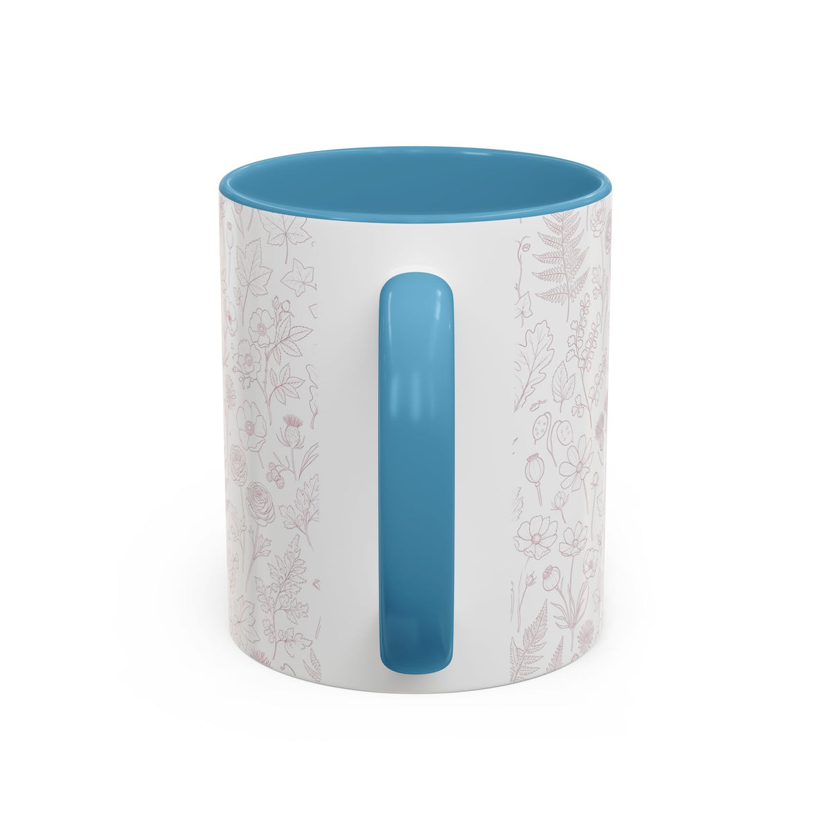 Blush wildflower pattern coffee mug with light blue interior and vertical accent stripe