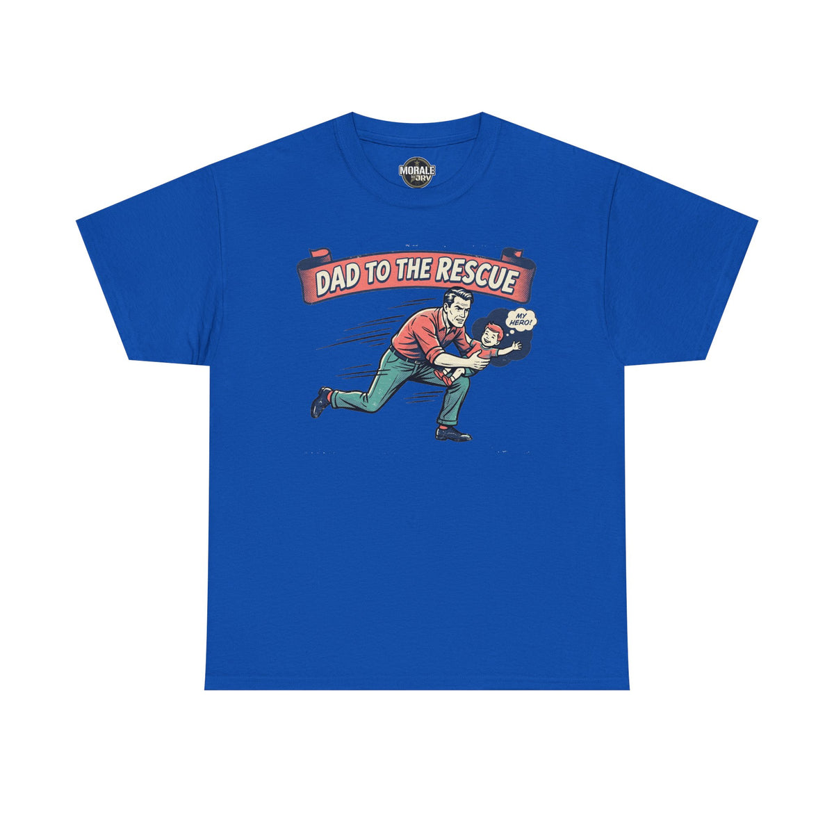Neon blue crew-neck graphic T-shirt with dad rescue hero print