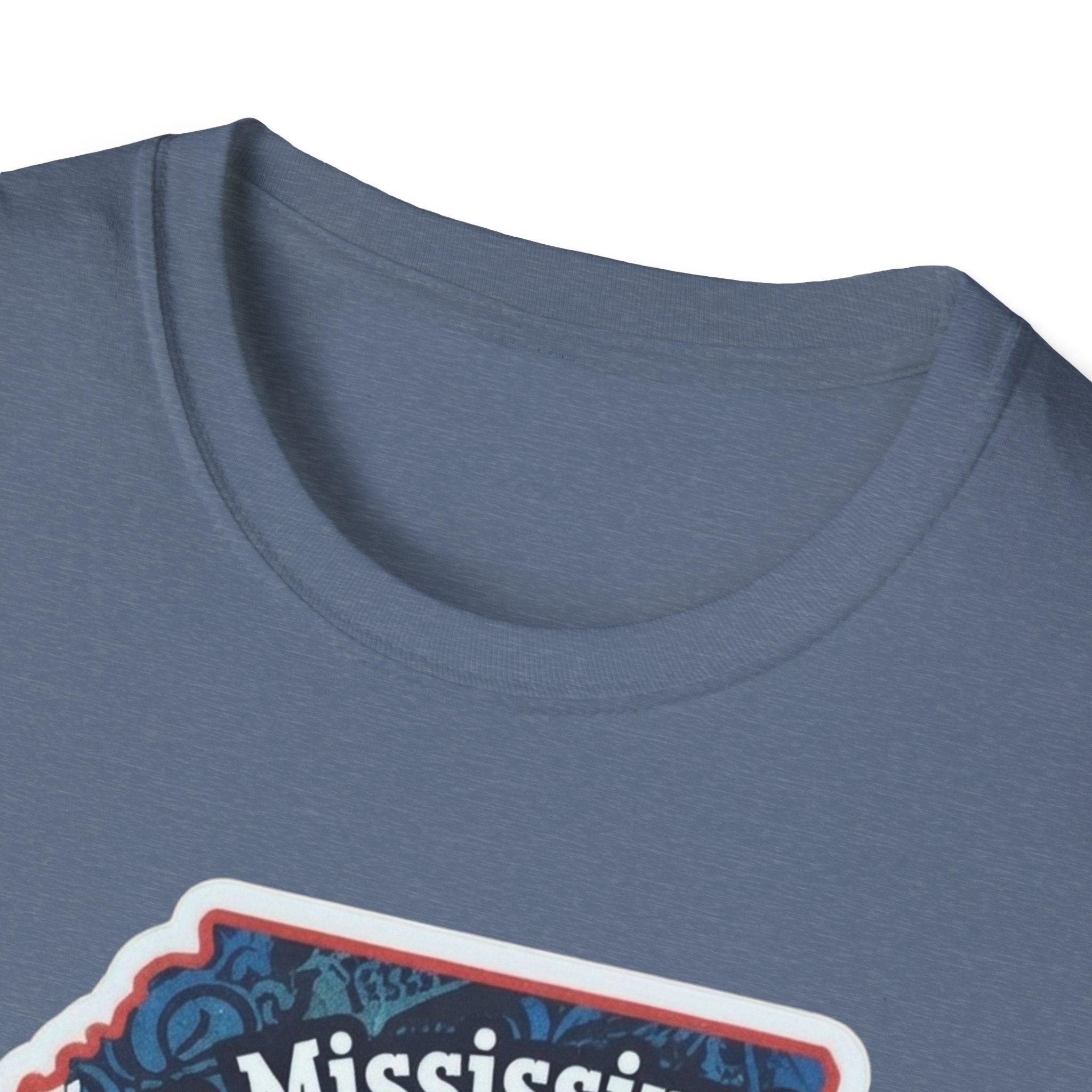 Blue crew neck and shoulder seam, no front graphic visible