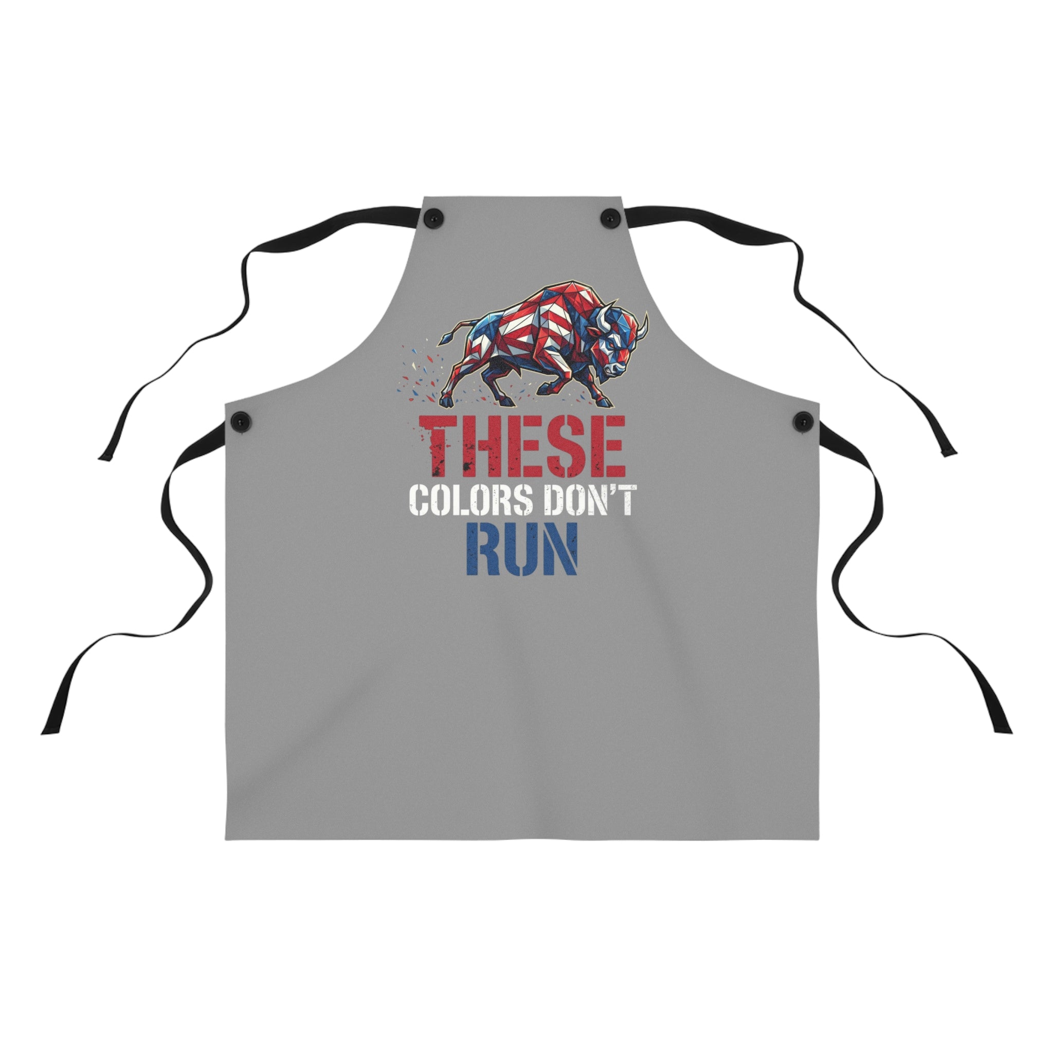 Gray apron front with black ties; colorful bull graphic and “THESE COLORS DON’T RUN”
