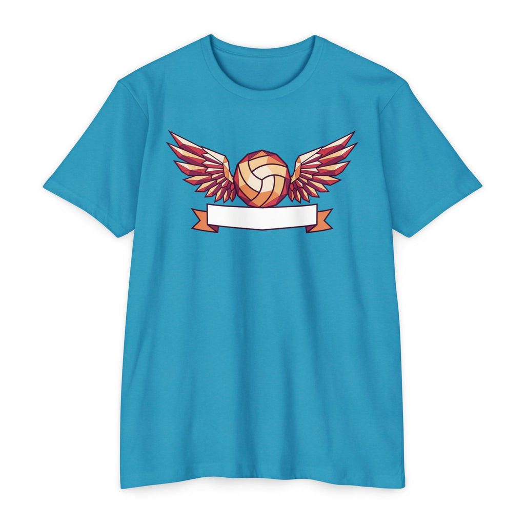 Blue volleyball T-shirt with winged ball graphic and banner ribbon design