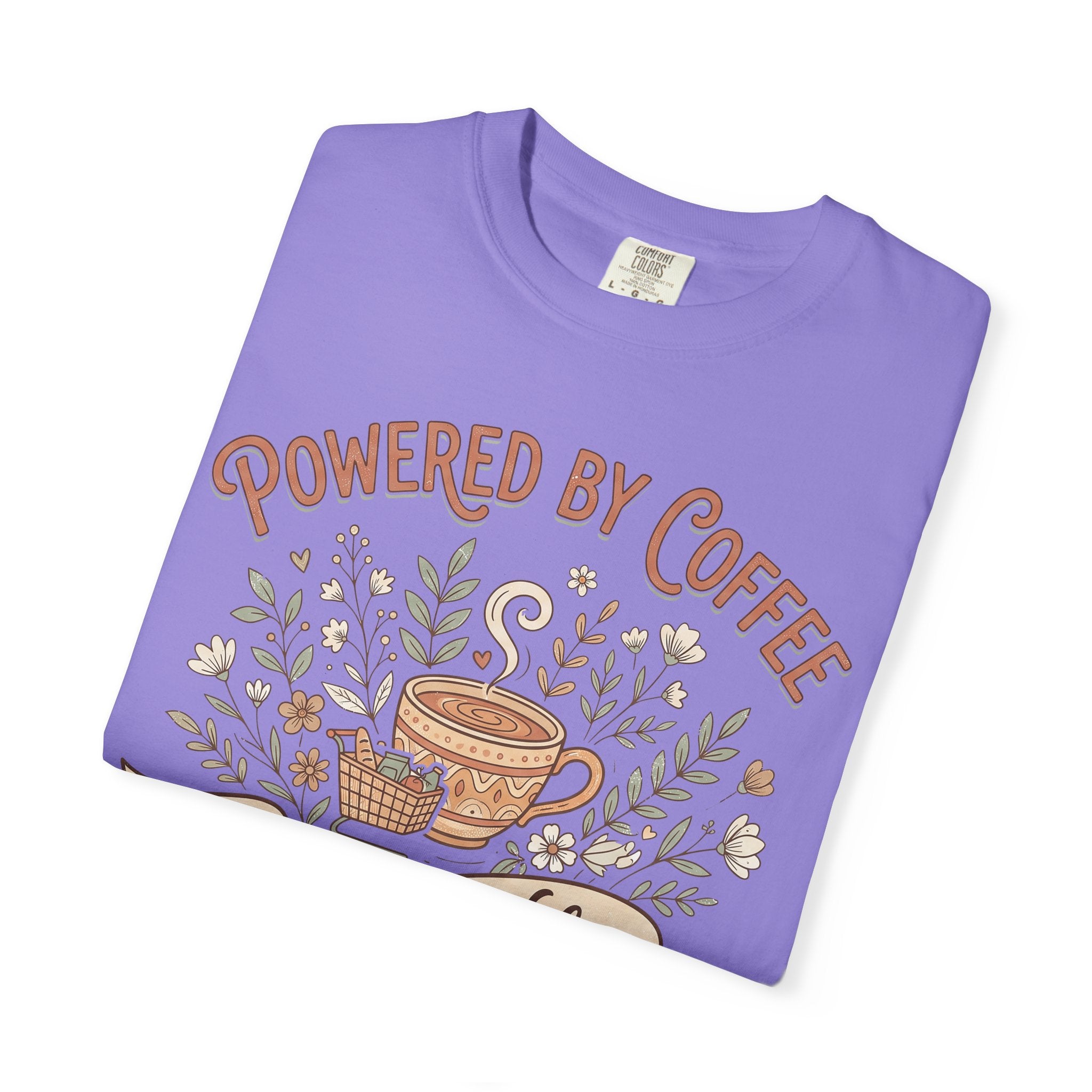 Light purple T-shirt with "Powered by Coffee" floral coffee cup graphic