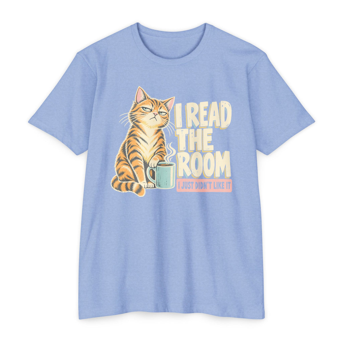 Light blue crew-neck short-sleeve cat T-shirt with “I Read the Room” graphic and mug
