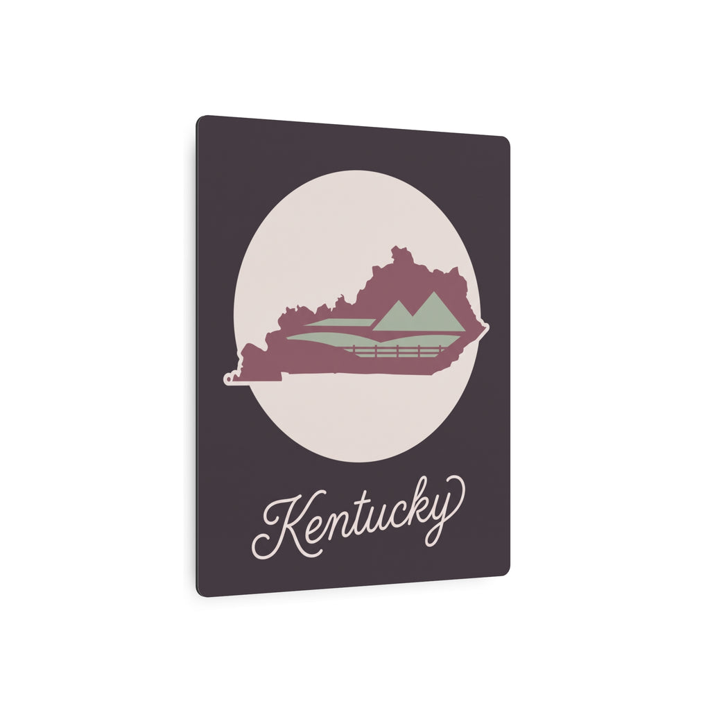 Kentucky metal wall art sign, mauve state graphic in circle with cursive "Kentucky"