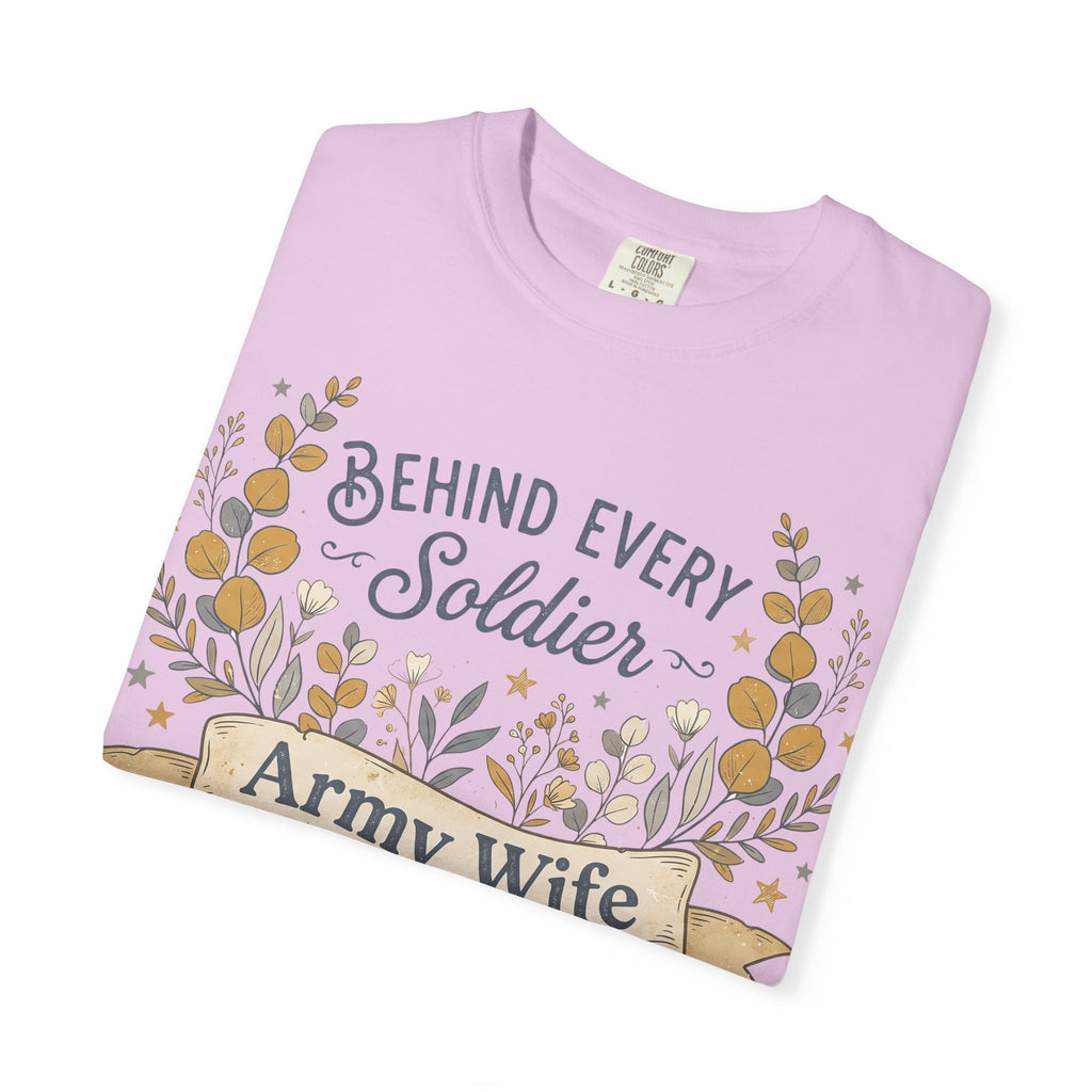 Lavender T-shirt with floral military spouse graphic and “Army Wife” text