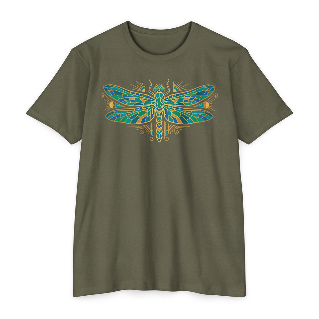 Dark olive green t-shirt with colorful dragonfly mosaic graphic on the chest