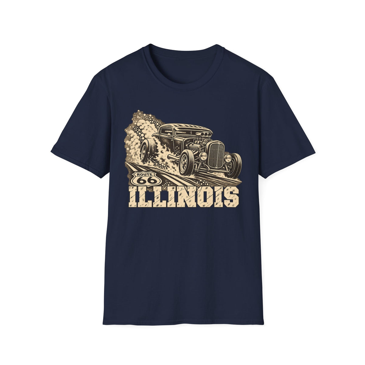 Navy hot rod T-shirt with vintage car and Illinois graphic print