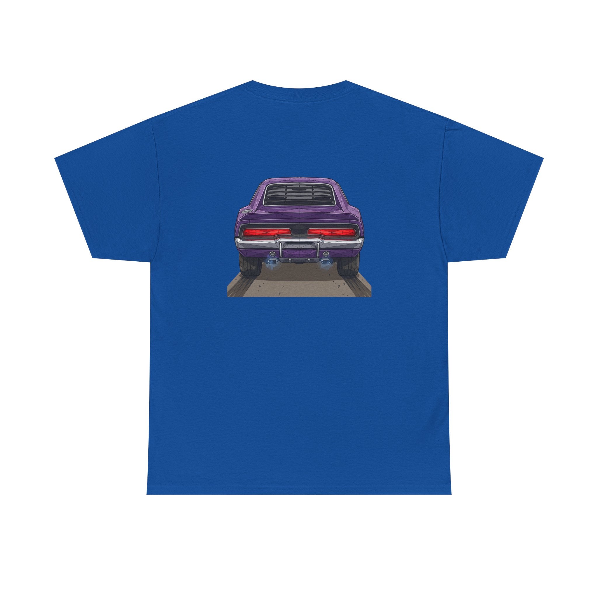 Royal blue short-sleeve T-shirt with purple retro car graphic centered on back