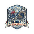 Die-cut mining decal with Colorado text and banner ribbon, snowy cabin, Est. 1876
