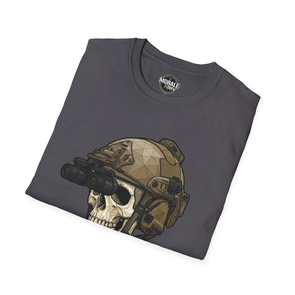 Charcoal tactical skull-helmet graphic T-shirt with NVG-style visor and rifle motif