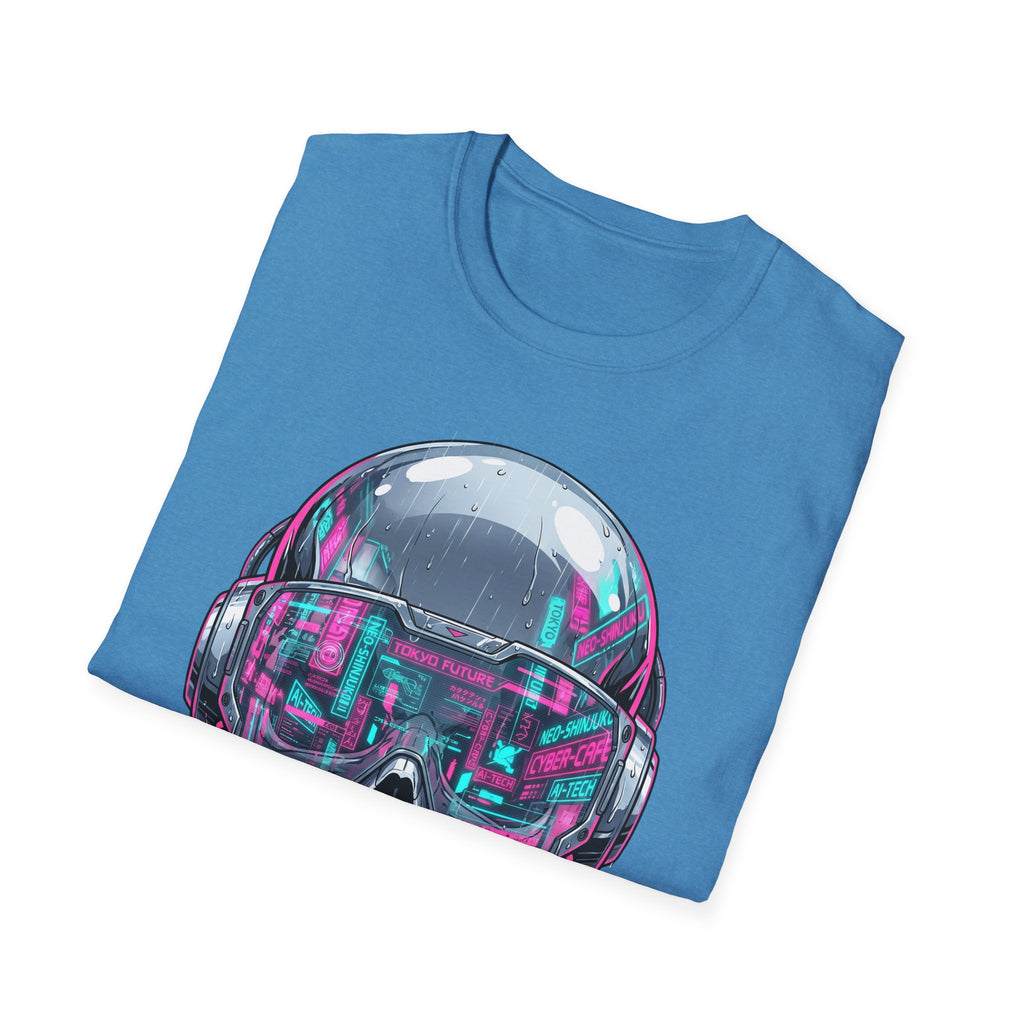 Cyberpunk Skull T-Shirt, blau: großes Neon-Visier-Grafikmotiv auf der Vorderseite