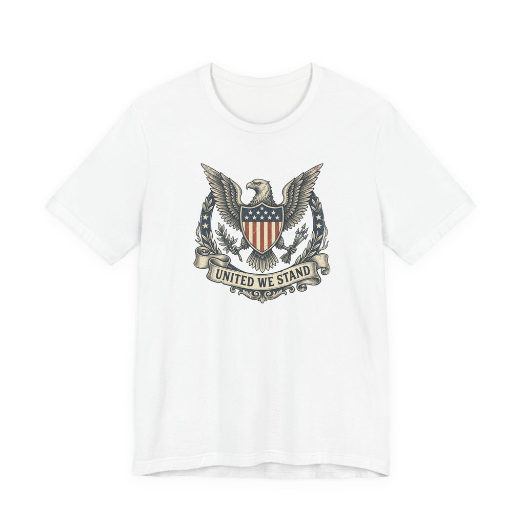 White T-shirt with eagle shield crest graphic and "United We Stand" text