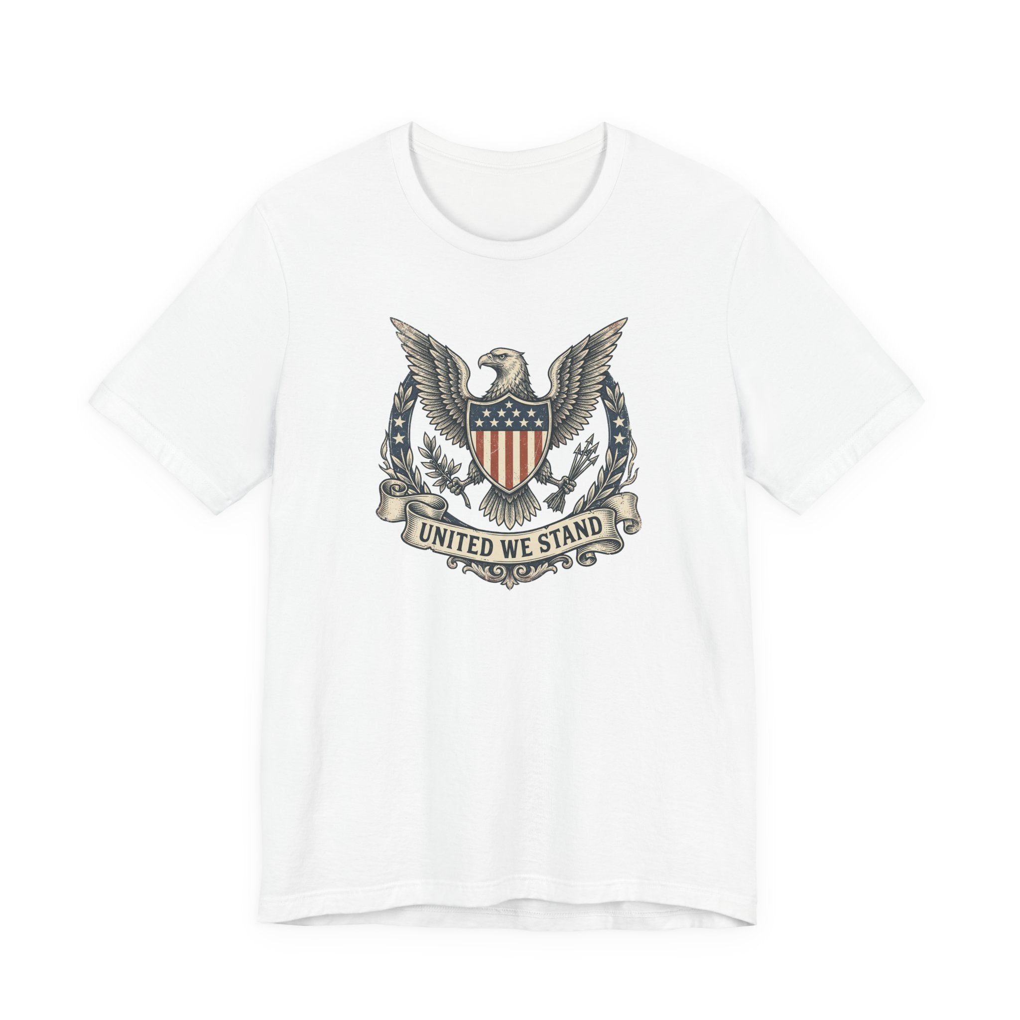 White T-shirt with eagle shield crest graphic and "United We Stand" text