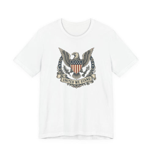 White T-shirt with eagle shield crest graphic and "United We Stand" text