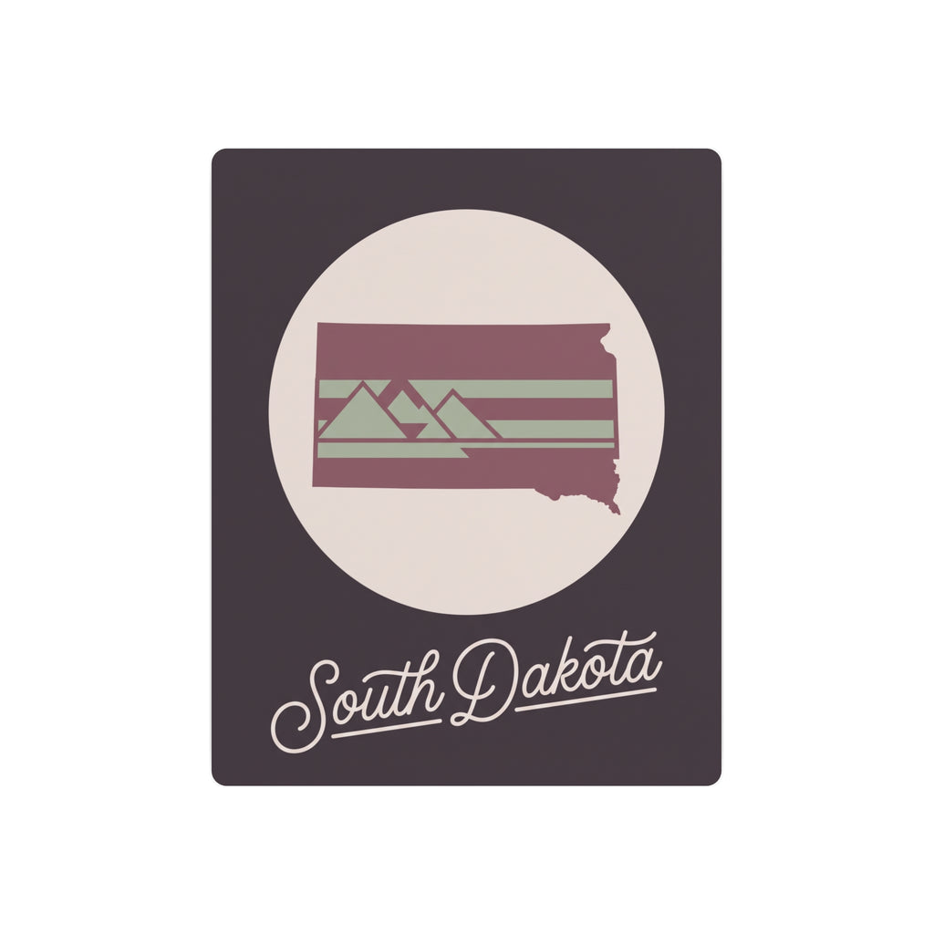 Square South Dakota metal wall art with mauve/green striped silhouette and script text