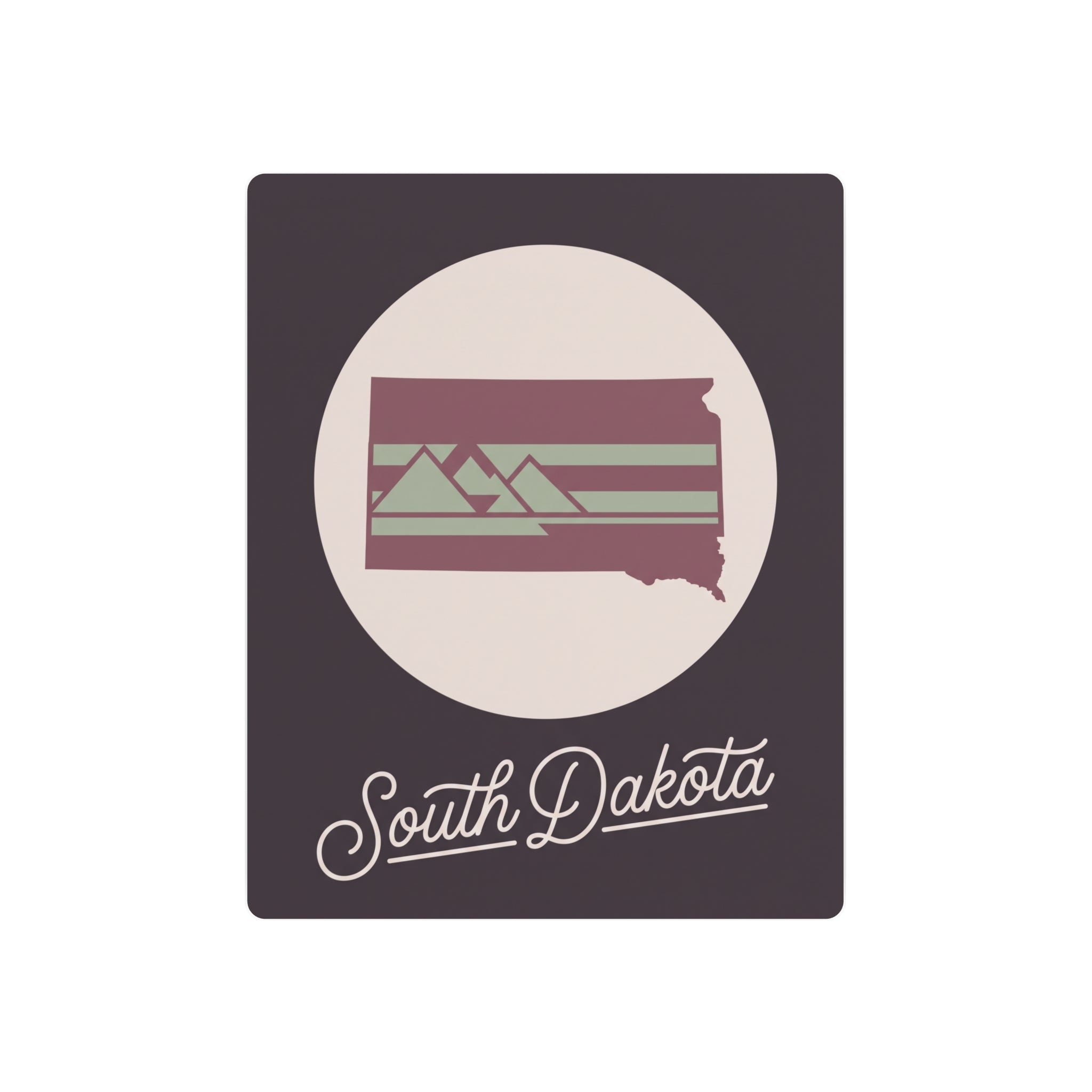 Square South Dakota metal wall art with mauve/green striped silhouette and script text