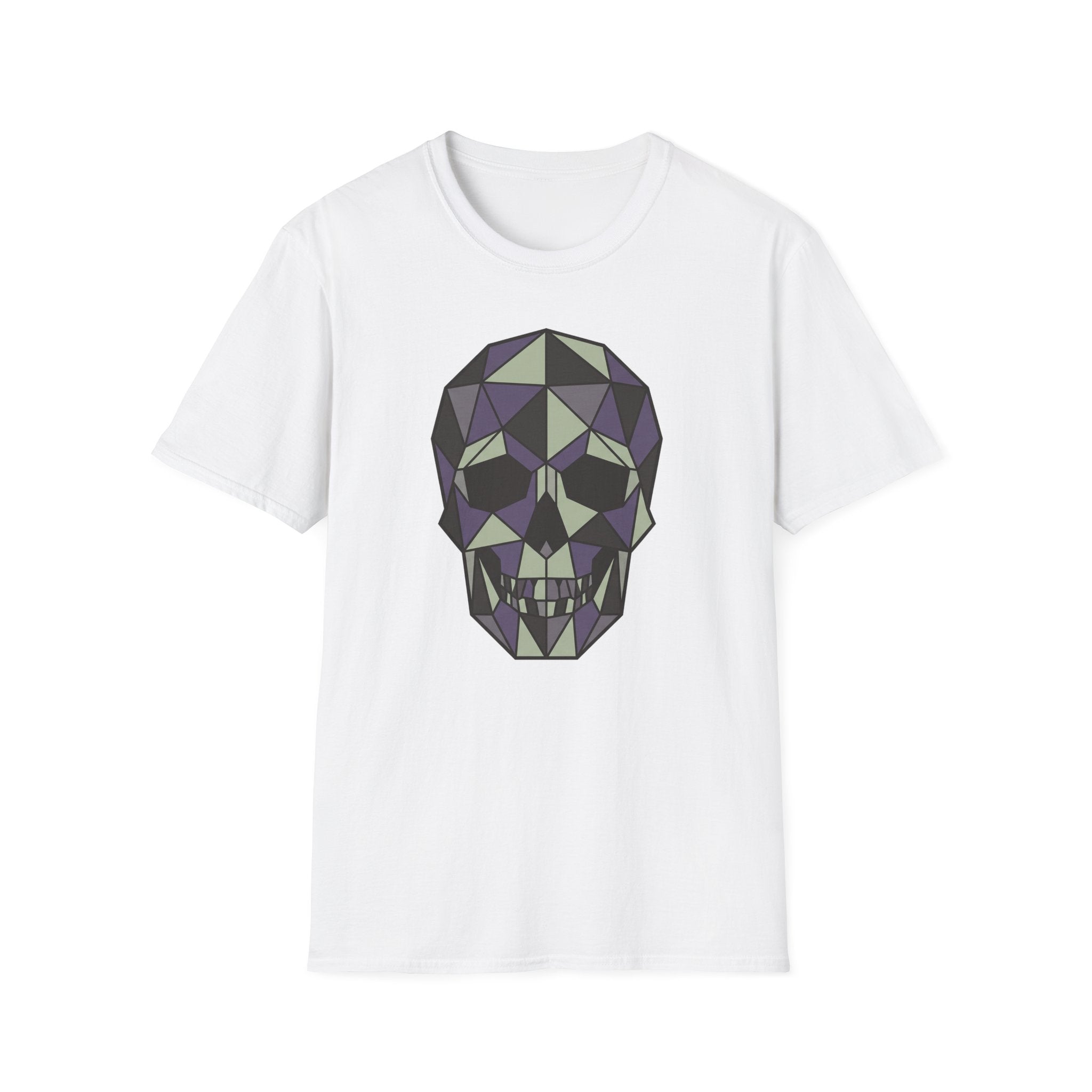 White crew-neck T-shirt with geometric low-poly skull graphic on the front