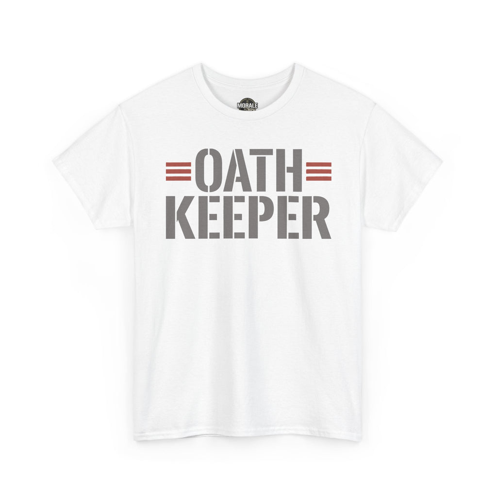 White crew-neck t-shirt with “OATH KEEPER” graphic in gray and red stripe icon