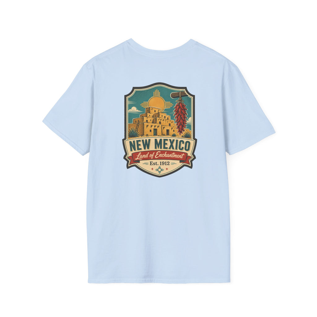 Light blue New Mexico graphic T-shirt with round crest chest print
