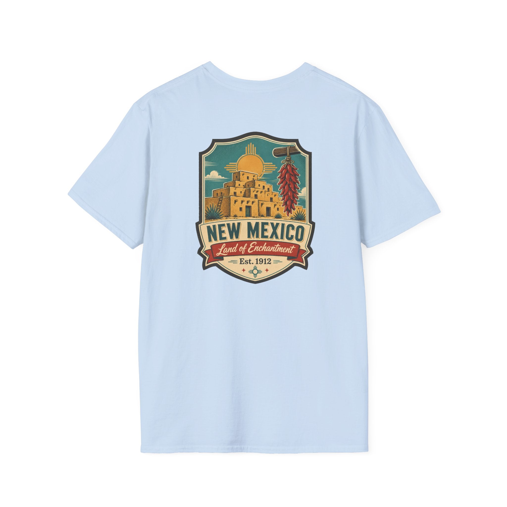 Light blue New Mexico graphic T-shirt with round crest chest print