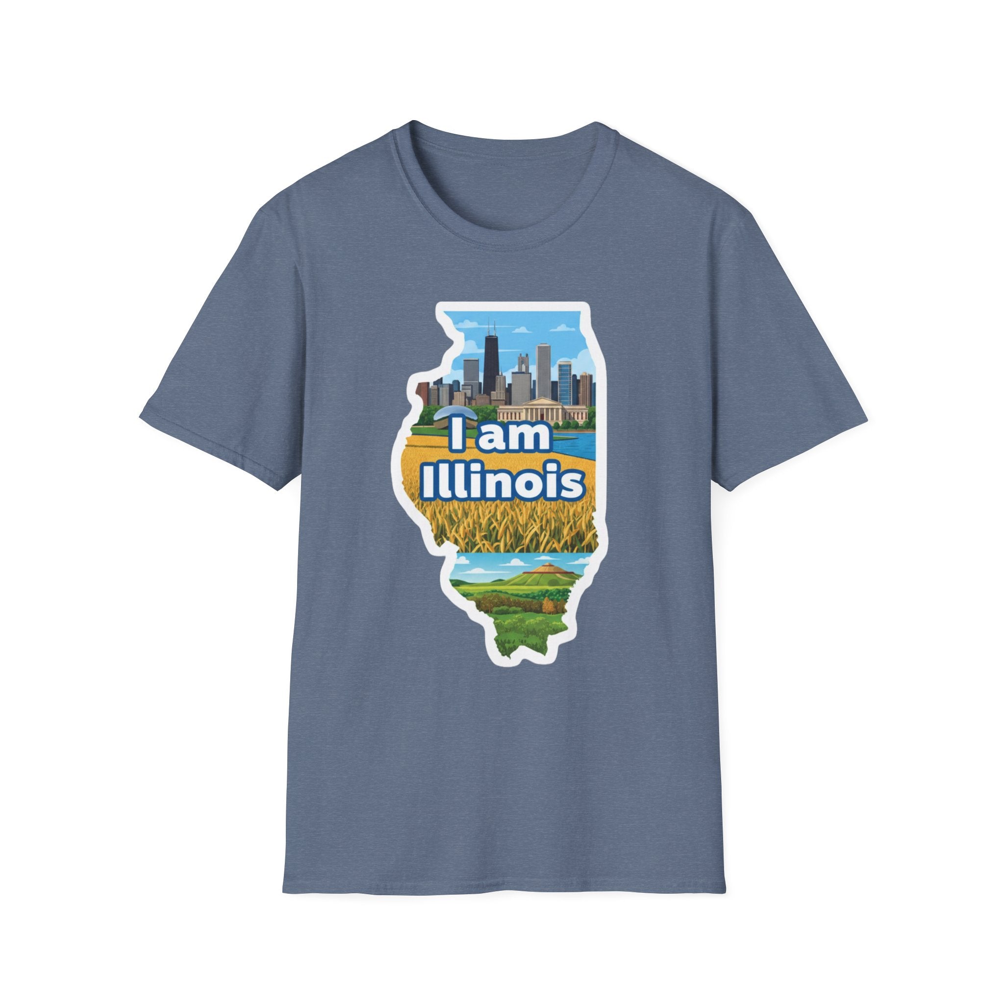 I Am Illinois T-shirt in Heather Navy, Illinois map skyline and farmland print