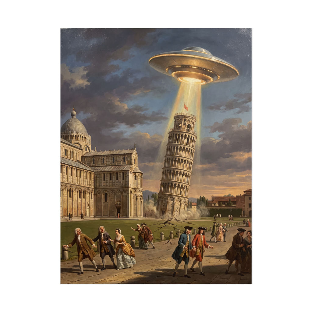 Sci-fi poster with golden UFO beam over Leaning Tower and a crowd walking through streets