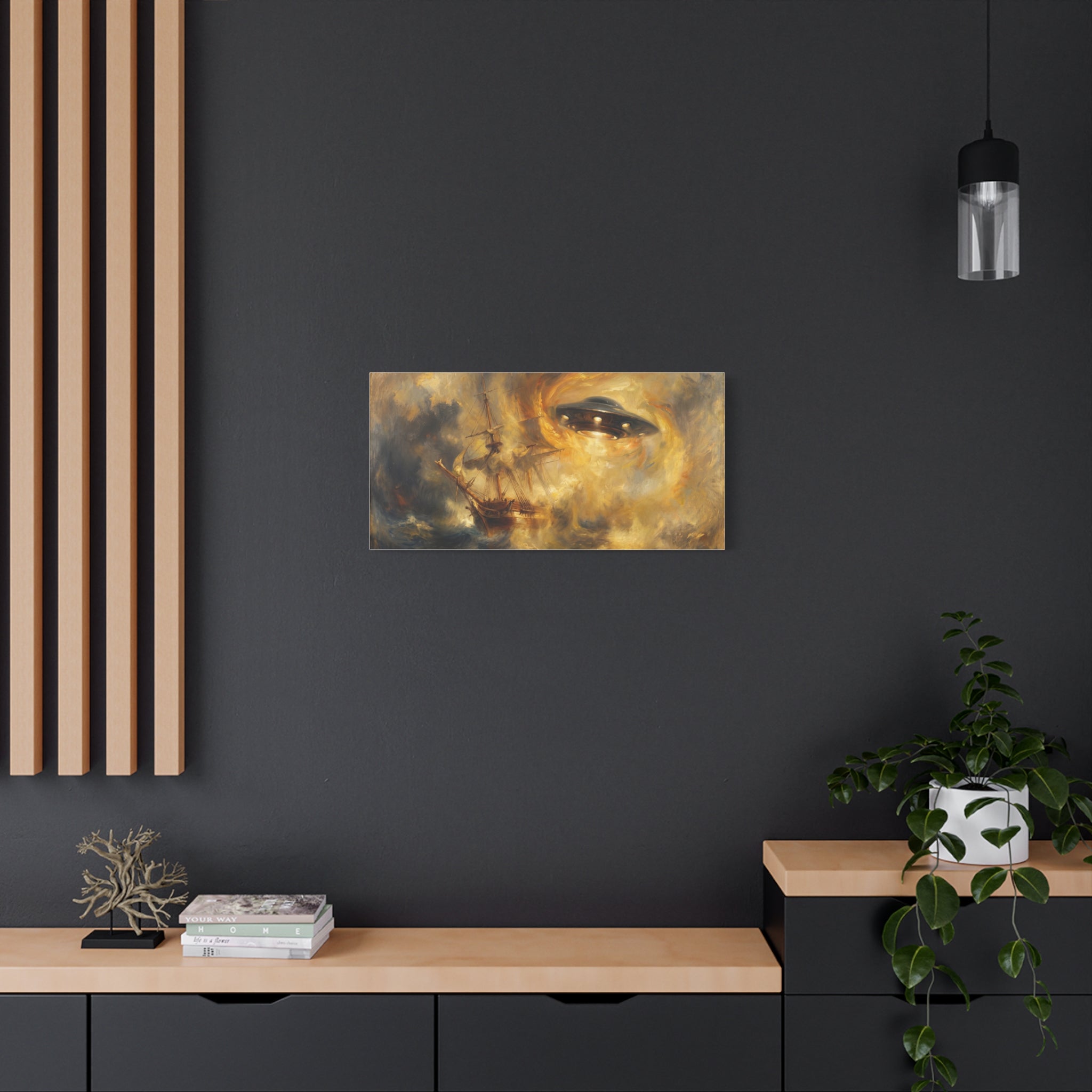 Rectangular canvas wall art with a UFO and stormy ship scene in gold and dark tones