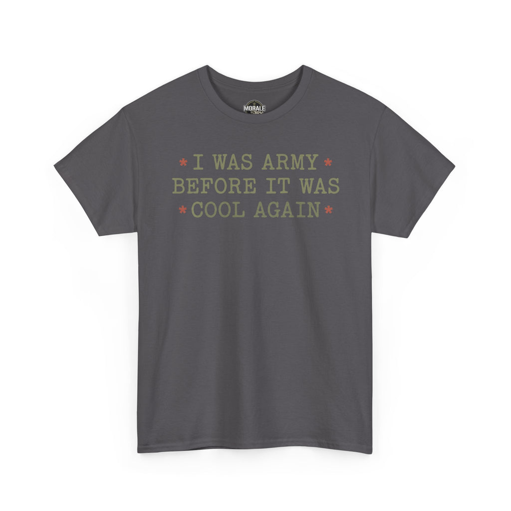 Charcoal crewneck T-shirt with short sleeves and front text graphic