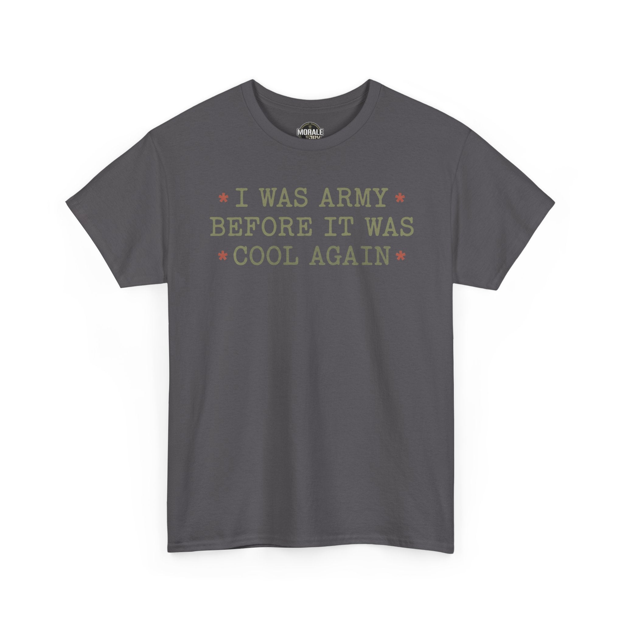 Charcoal crewneck T-shirt with short sleeves and front text graphic