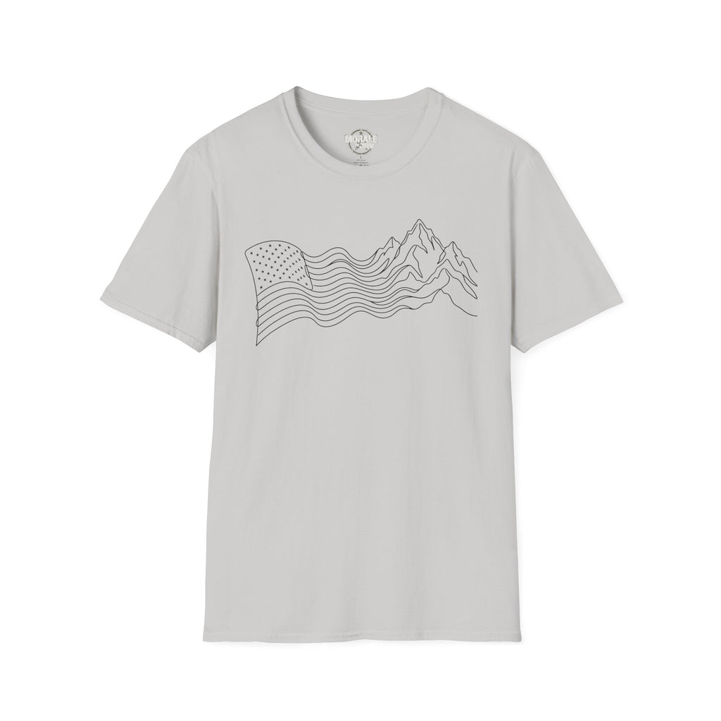 Light grey T-shirt with minimalist mountain wave line art on the front