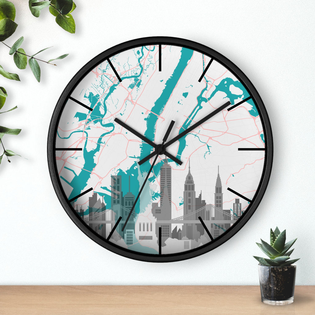 Black-base wall clock with teal river map background, black hands and city skyline