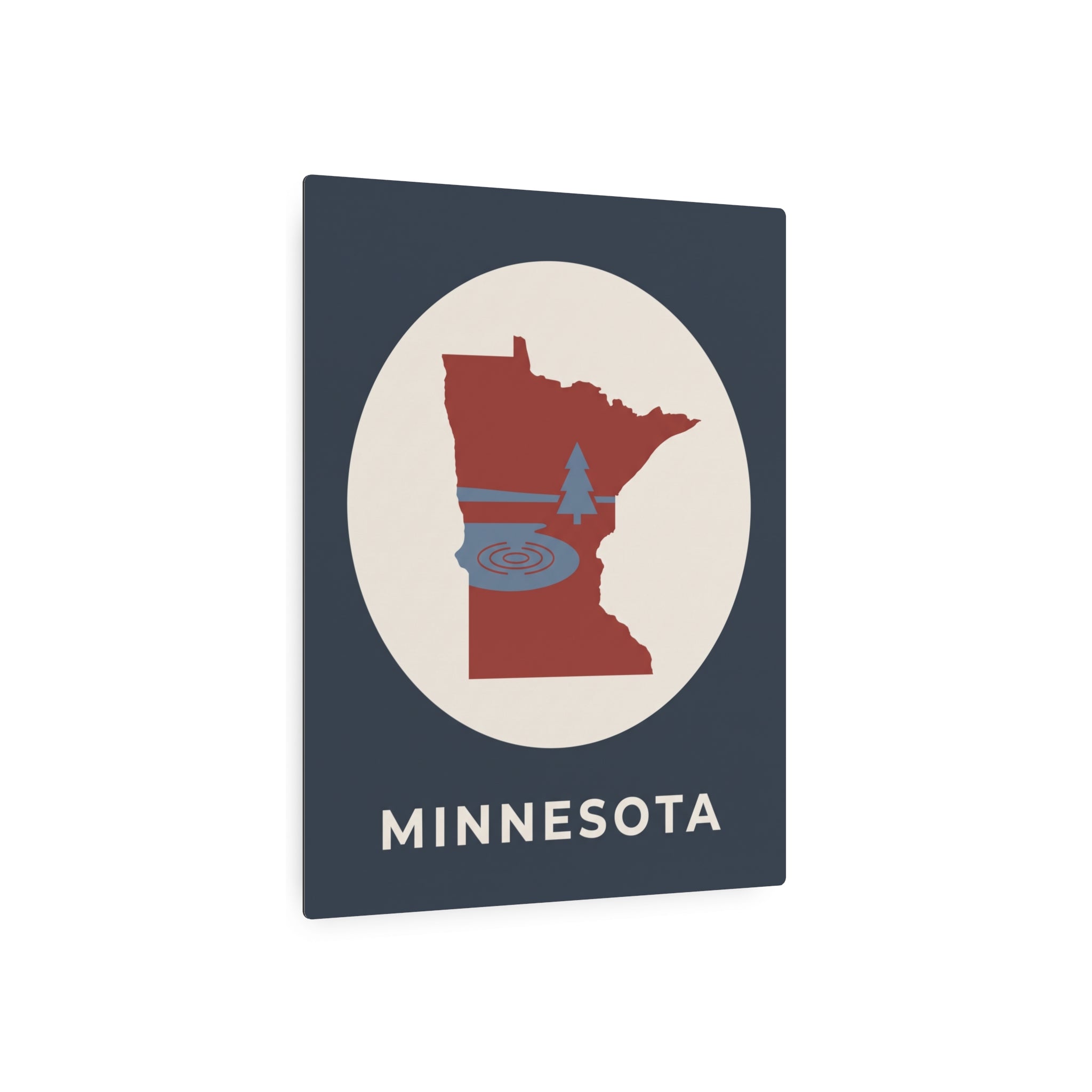Minnesota metal wall art sign with dark blue background, circular red state graphic, “MINNESOTA”